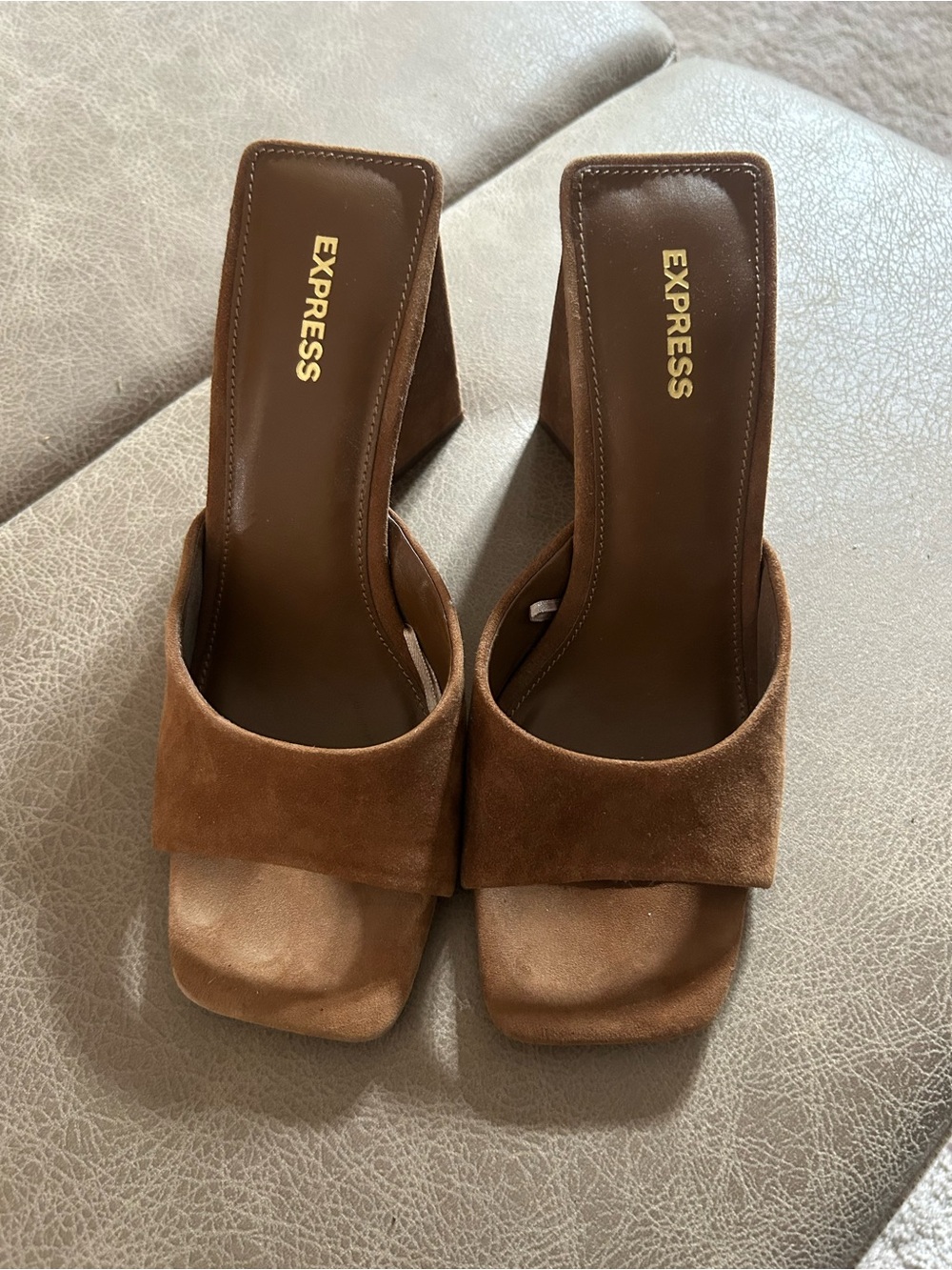 Express Women's Brown Suede Block Heel Slide Sandals - Picture 2 of 6